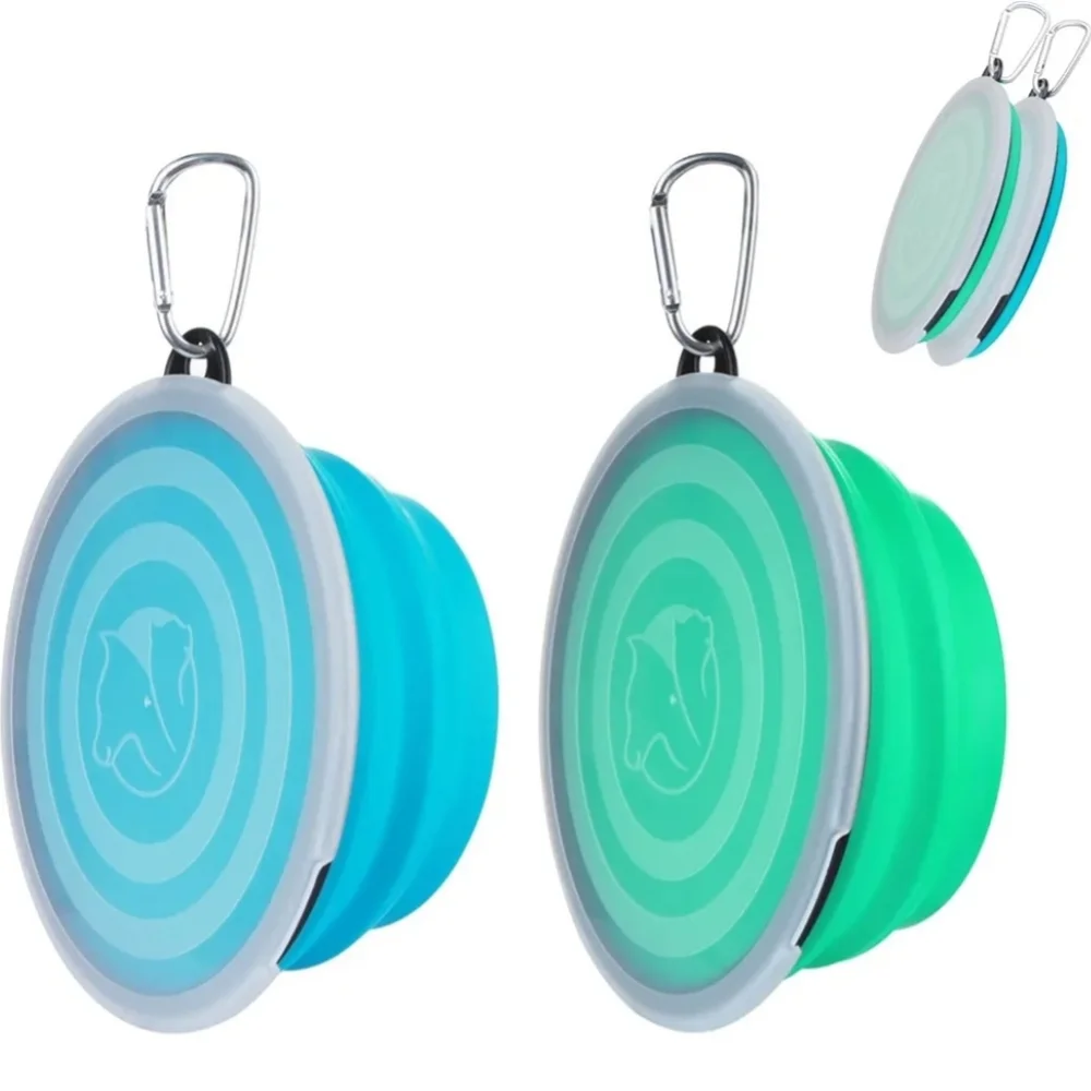 SLSON Dog Bowls Pet Collapsible Bowl with Cover Lids 2 Pack Light Blue and Green